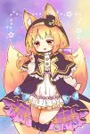  1girl animal_ear_fluff animal_ears bare_legs blonde_hair bow capelet commentary_request dress fang flower_knight_girl fox_ears fox_shadow_puppet fox_tail frilled_capelet frilled_dress frills full_body hair_ribbon hairband hat jacket kitsune_no_botan_(flower_knight_girl) long_hair long_sleeves mini_hat mini_top_hat multicolored multicolored_background multiple_tails orange_eyes parted_lips paw_shoes ribbon shoes short_dress star starry_background tail tied_hair top_hat two_tails usanote_shiro 