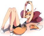  1girl animal_ear_fluff animal_ears armpits arms_up bag_of_chips bangs bare_arms bare_shoulders black_shorts blonde_hair cellphone chips commentary_request eighth_note eyebrows_visible_through_hair flat_chest food fox_ears fox_girl fox_tail hair_between_eyes hair_ornament hairclip highres holding holding_cellphone holding_phone light_brown_hair looking_away looking_up lying minowa_sukyaru musical_note no_shoes on_back original paper pencil phone pillow potato_chips red_eyes shirt short_hair short_shorts shorts sleeveless sleeveless_shirt sock_pull socks solo tail white_background white_legwear white_shirt wristband 