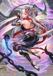  ass bare_shoulders black_gloves breasts chains dated elbow_gloves fantasy fingerless_gloves full_body gloves heterochromia leaf_print long_hair looking_at_viewer medium_breasts midair ninja official_art outdoors red_eyes red_scarf scarf seisen_cerberus shin_guards very_long_hair watermark weapon web_address white_hair yang_yang_(tigu) yellow_eyes 