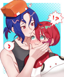  !? 1boy 1girl absurdres amate_yuzuriha aqua_eyes blue_hair closed_mouth gundam gundam_gquuuuuux hand_on_another's_cheek hand_on_another's_face haro highres holding multicolored_clothes multicolored_hair ponytail purple_hair red_eyes red_hair robot satsuki_(popopomama_52) short_hair shuji_ito sweater tank_top upper_body 