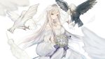  1girl aircraft airplane azur_lane bird bouquet breasts bridal_veil cleavage cowboy_shot crown detached_collar dove dress eagle enterprise_(azur_lane) feathers flower highres himino0 large_breasts long_hair looking_at_viewer mini_crown silver_hair smile solo veil violet_eyes wedding_dress white_background 