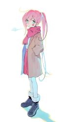  1girl absurdres backlighting black_footwear blush boots breath brown_jacket closed_mouth facial_mark fringe_trim full_body fur-trimmed_boots fur_trim green_eyes hair_between_eyes hand_in_pocket highres jacket looking_at_viewer mechuragi open_clothes open_jacket pantyhose pink_hair pink_scarf pink_skirt pleated_skirt ponytail scarf shadow shirt simple_background skirt solo standing star_(symbol) uni_(vocaloid) vocaloid white_background white_pantyhose white_shirt 