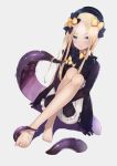  1girl :/ abigail_williams_(fate/grand_order) bangs barefoot black_hat blonde_hair bloomers blue_eyes bow commentary_request deku_suke dress fate/grand_order fate_(series) feet forehead frilled_sleeves frills hair_bow hat highres knees_up leg_hug long_hair long_sleeves looking_at_viewer nail_polish orange_bow parted_bangs polka_dot polka_dot_bow purple_nails simple_background sitting sleeves_past_fingers sleeves_past_wrists solo tentacle toenail_polish toenails toes underwear white_background 
