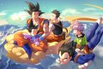  5boys :d ^_^ armor black_eyes black_hair blue_sky boots brothers carrying chinese_clothes clenched_hands closed_eyes closed_eyes clouds cloudy_sky day dougi dragon_ball dragonball_z eating evening expressionless eyebrows_visible_through_hair father_and_son floating_hair flying flying_nimbus food full_body gloves green_shirt happy highres legs_crossed lettuce long_sleeves looking_at_another looking_back male_focus mountain multiple_boys open_mouth orange_pants outdoors profile purple_hair red_footwear sandwich shaded_face shirt shoes short_hair siblings sitting sky smile sneakers son_gohan son_gokuu son_goten spiky_hair sunlight trunks_(dragon_ball) vegeta waistcoat waving white_gloves white_shirt wristband 