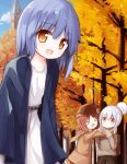  &gt;_&lt; 3girls :d autumn autumn_leaves backpack bag bangs belt black_belt blue_hair blue_jacket blue_sky blush brown_eyes brown_hair brown_jacket brown_pants brown_skirt brown_sweater clouds collarbone commentary_request day dress eyebrows_visible_through_hair hair_between_eyes hair_bun hood hood_down hooded_jacket jacket long_sleeves multiple_girls open_clothes open_jacket open_mouth original outdoors pants parted_lips pleated_skirt silver_hair skirt sky sleeves_past_wrists smile standing sweater tower tree white_dress xd yuuhagi_(amaretto-no-natsu) 