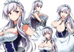  1girl apron arm_guards arms_under_breasts azur_lane bangs belfast_(azur_lane) blue_eyes blush braid breasts chains cleavage closed_mouth collar collarbone corset dress eyebrows_visible_through_hair french_braid frilled_sleeves frills gloves koutarou_(plusdrive) large_breasts long_hair looking_at_viewer maid maid_headdress multiple_views open_mouth parted_lips sidelocks silver_hair simple_background smile solo white_background white_gloves 