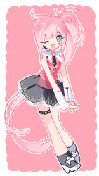  1girl ;d bare_shoulders black_footwear black_skirt blush border facial_mark frilled_skirt frills full_body green_eyes headphones headset highres jacket long_hair looking_at_viewer mechuragi one_eye_closed pink_background pink_hair pink_jacket see-through_clothes see-through_jacket shoes side_ponytail sidelocks skirt sleeveless sleeveless_jacket smile solo star_(symbol) uni_(vocaloid) very_long_hair vocaloid white_border wrist_cuffs 