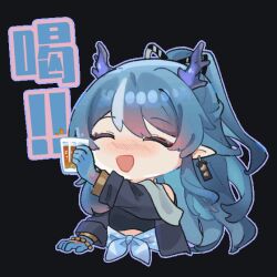  1girl :d ^_^ arknights arm_up beads blue_hair blush chibi chibi_only chinese_commentary chinese_text closed_eyes commentary_request cup drink drinking_glass drunk earrings holding holding_drink jewelry ling_(arknights) long_hair long_sleeves mixed-language_commentary mxd_taolifly nose_blush open_mouth outstretched_arm pointy_ears simple_background smile solo translation_request transparent_background 