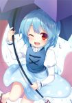  1girl :d blue_hair blush commentary_request juliet_sleeves long_sleeves looking_at_viewer nnyara one_eye_closed open_mouth puffy_sleeves rain red_eyes short_hair smile solo tatara_kogasa touhou twitter_username umbrella 