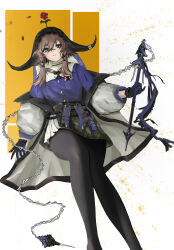  1girl absurdres animal_ears arknights black_gloves black_pantyhose blue_shirt brown_hair closed_mouth cow_horns feet_out_of_frame flower flower_on_head gloves green_eyes hair_between_eyes highres holding horns jacket long_hair long_sleeves looking_at_viewer open_clothes pallas_(arknights) pantyhose red_flower red_rose rose shirt short_hair_with_long_locks skirt solo white_jacket yh_0876 
