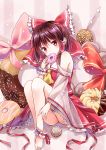 1girl absurdres ankle_cuffs ascot ass barefoot blush brown_hair detached_sleeves doughnut eyebrows_visible_through_hair food food_in_mouth food_on_face frilled_ribbon frills full_body hair_ornament hair_ribbon hair_tubes hakurei_reimu highres japanese_clothes knees_up kure~pu leg_garter legs_together long_sleeves looking_at_viewer nontraditional_miko red_eyes ribbon ribbon-trimmed_sleeves ribbon_trim see-through see-through_sleeves shirt short_hair sitting skirt skirt_set solo striped striped_background sweets touhou vertical-striped_background vertical_stripes vest wide_sleeves wrist_cuffs yellow_neckwear 