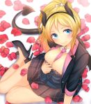  1girl ayase_eli between_breasts black_jacket black_skirt blue_eyes blush breasts cleavage closed_mouth commentary_request demon_tail eyebrows_visible_through_hair fake_horns fang from_above horns jacket legs looking_at_viewer love_live! love_live!_school_idol_project medium_breasts necktie necktie_between_breasts petals pink_neckwear plaid plaid_skirt ponytail sakasa_(guranyto) short_hair simple_background skirt solo tail white_background 