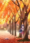  1girl :o animal ankle_cuffs autumn autumn_leaves bangs beige_jacket blue_hair blush brown_legwear cat commentary_request day eyebrows_visible_through_hair frilled_jacket hair_ribbon hand_up highres idolmaster idolmaster_cinderella_girls leaf leaning_to_the_side long_hair long_sleeves looking_at_viewer maple_leaf outdoors parted_lips peeking_out red_eyes red_ribbon red_skirt regular_mow ribbon sajou_yukimi shirt skirt solo standing tree very_long_hair white_shirt 