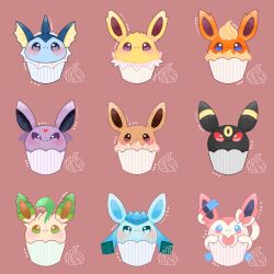  absurdres black_eyes blue_eyes blush brown_eyes character-themed_food colored_sclera commentary_request cupcake eevee espeon flareon food food_focus glaceon green_eyes highres jolteon leafeon maaari_pkmn no_humans pokemon pokemon_(creature) red_sclera simple_background smile sylveon umbreon vaporeon violet_eyes 