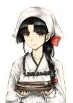  1girl bandanna bangs black_hair blunt_bangs brown_eyes fish frills hair_ribbon kantai_collection kappougi kurou_(bcrow) lips long_hair looking_at_viewer low-tied_long_hair red_ribbon ribbon saury shouhou_(kantai_collection) simple_background smile solo tray upper_body white_background 