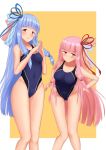  2girls bakkasu150 blue_hair blue_ribbon competition_swimsuit feet_out_of_frame hair_ribbon hands_on_hips hands_together highleg highleg_swimsuit highres kotonoha_akane kotonoha_aoi leaning_forward long_hair looking_at_viewer matching_outfit multiple_girls one-piece_swimsuit pink_hair red_eyes red_ribbon ribbon standing swimsuit thigh_gap very_long_hair voiceroid yellow_background 