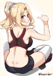  1girl :q arm_up bare_arms bare_shoulders blue_eyes blue_scrunchie blue_shorts blush brown_footwear butt_crack closed_mouth commentary_request crop_top full_body girls_und_panzer hair_ornament hair_scrunchie high_ponytail highres kapatarou kay_(girls_und_panzer) legs_crossed long_hair outline pointing pointing_at_self ponytail profile scrunchie short_shorts shorts sidelocks sitting smile solo thigh-highs tongue tongue_out twitter_username white_legwear white_outline 