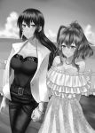  2girls absurdres alternate_costume bare_shoulders belt bow bracelet breasts casual cleavage clouds collarbone dress fence greyscale hair_between_eyes hair_bow hand_holding highres ikahana_(ichikayuzu7) interlocked_fingers jewelry kantai_collection large_breasts long_hair looking_at_another monochrome multiple_girls nagato_(kantai_collection) necklace ocean pants saratoga_(kantai_collection) smile yuri 