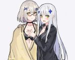  2girls black_shirt blush bra breasts cleavage commentary covering covering_breasts echj girls_frontline glasses green_eyes grey_hair hk416_(girls_frontline) long_hair multiple_girls open_clothes open_shirt shirt short_hair surprised towel underwear vector_(girls_frontline) white_hair yellow_eyes 