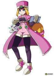  1girl black_bodysuit blonde_hair blue_eyes bodysuit breasts coat full_body godichi hat highres holding long_hair medium_breasts mega_man_(series) mega_man_zx pink_coat prairie_(mega_man) shako_cap smile solo stuffed_animal stuffed_cat stuffed_toy 