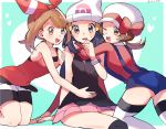  3girls :d ;d ass bare_arms bare_shoulders bike_shorts bike_shorts_under_shorts blue_eyes blue_hair bow brown_eyes brown_hair cabbie_hat creatures_(company) dark_blue_hair game_freak hairband haruka_(pokemon) hat hat_bow heart hikari_(pokemon) hug kneeling kotone_(pokemon) long_hair looking_at_viewer multiple_girls nintendo one_eye_closed open_mouth overalls pink_skirt pokemon pokemon_(game) pokemon_dppt pokemon_hgss pokemon_oras red_bow red_hairband red_scarf red_shirt ririmon round_teeth scarf shirt shorts skirt sleeves_past_elbows smile tank_top teeth thigh-highs twintails white_hat white_legwear white_shorts 