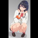  1girl aqua_panties black_hair blue_eyes blush cardigan long_sleeves looking_away looking_to_the_side panties pantyshot pantyshot_(squatting) pleated_skirt red_neckwear school_uniform scrunchie skirt solo squatting ssss.gridman takarada_rikka thighs underwear 