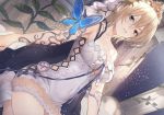  1girl bare_shoulders blonde_hair blue_eyes bug butterfly doushite dress dutch_angle europa_(granblue_fantasy) flower granblue_fantasy hair_flower hair_ornament insect short_hair tiara 