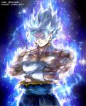  1boy artist_name aura chest cowboy_shot crossed_arms dirty dirty_face dragon_ball dragon_ball_super dragonball_z earrings expressionless frown gloves green_eyes instagram_username jewelry kim_yura_(goddess_mechanic) looking_away male_focus muscle potara_earrings shaded_face shirtless short_hair simple_background sky spiky_hair standing star star_(sky) starry_background starry_sky torn_clothes twitter_username ultra_instinct upper_body vegetto watermark white_background white_gloves white_hair 