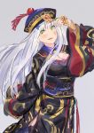  1girl breasts charm_(object) chinese_clothes cleavage cleavage_cutout commentary_request echj fangs girls_frontline green_eyes hat highres hk416_(girls_frontline) jiangshi_costume long_sleeves solo vampire white_hair 