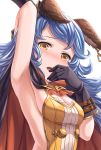  1girl animal_ears arm_up armpits black_gloves blue_hair breasts cape cleavage commentary_request earrings eyebrows_visible_through_hair ferry_(granblue_fantasy) gloves granblue_fantasy highres jewelry long_hair looking_at_viewer medium_breasts open_mouth sideboob simple_background solo tears tomo_(user_hes4085) white_background yellow_eyes 