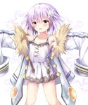  1girl :d bare_shoulders blanc blanc_(cosplay) blush breasts cleavage coat collarbone commentary_request cosplay d-pad d-pad_hair_ornament dress fur_trim hair_between_eyes hair_ornament highres looking_at_viewer neptune_(choujigen_game_neptune) neptune_(series) open_mouth outstretched_arms ray_726 short_hair small_breasts smile solo spaghetti_strap star starry_background very_long_sleeves white_dress 