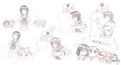  6+girls aoi_erika black_hair breasts byakko_(heaven_burns_red) cape flower fur-trimmed_cape fur_trim hair_flower hair_ornament heaven_burns_red highres higuchi_seika hiiragi_kozue hug kayamori_ruka long_sleeves maria_de_angelis minase_ichigo minase_sumomo multiple_girls multiple_views shirt short_hair wbon yuri 