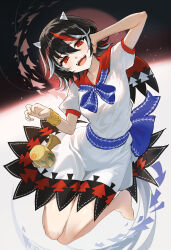  1girl absurdres arrow_(symbol) barefoot beruko14 black_hair bracer commentary cone_horns dress grey_hair grey_horns hand_on_own_head highres horns kijin_seija looking_at_viewer miracle_mallet multicolored_clothes multicolored_dress multicolored_hair open_mouth puffy_short_sleeves puffy_sleeves red_eyes red_hair short_sleeves small_horns smile solo streaked_hair touhou white_dress 