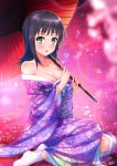  1girl bare_shoulders black_hair breasts cleavage collarbone floral_background floral_print full_body green_eyes itsuwa japanese_clothes kimono long_hair looking_at_viewer medium_breasts obi open_mouth oriental_umbrella pink_background puma_(hyuma1219) purple_kimono red_umbrella sash short_hair sitting solo to_aru_majutsu_no_index twitter_username umbrella yokozuwari 