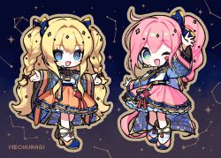  2girls :d ;d artist_name blonde_hair blue_bow blue_eyes blush_stickers boots bow braid brown_outline constellation green_eyes hair_between_eyes hair_bow headset highres long_sleeves mechuragi multiple_girls one_eye_closed orange_skirt outline pink_hair pink_skirt pleated_skirt seeu side_ponytail skirt smile two_side_up uni_(vocaloid) vocaloid white_footwear wide_sleeves 