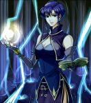  1girl bare_shoulders blue_eyes blue_hair book breasts cleavage cowboy_shot delsaber dress elbow_gloves fire_emblem fire_emblem:_rekka_no_ken gloves lightning looking_at_viewer magic medium_breasts nintendo purple_gloves short_hair side_slit sleeveless smile solo ursula_(fire_emblem) 