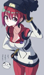  1girl amate_yuzuriha aqua_eyes bodysuit breasts closed_mouth earrings fumino5jyo gundam gundam_gquuuuuux haro hat highres jewelry looking_at_viewer mecha_pilot_suit multicolored_bodysuit multicolored_clothes normal_suit red_hair robot science_fiction short_hair simple_background sweatdrop 