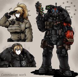  1girl ammunition_pouch armor blonde_hair blue_eyes breasts clenched_hand enclave_(fallout) fallout gloves gun handgun highres holster large_breasts long_hair looking_at_viewer military_uniform octosoup ponytail pouch power_armor power_armor_(fallout) power_fist salute solo trigger_discipline weapon 