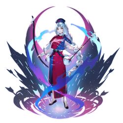  1girl absurdres adapted_costume arrow_(projectile) blue_skirt bow_(weapon) braid closed_mouth constellation_print cross full_body game_cg grey_hair hat highres holding holding_arrow holding_bow_(weapon) holding_weapon long_hair long_sleeves looking_at_viewer multicolored_clothes multicolored_skirt nurse_cap official_art print_skirt red_cross red_skirt see-through_clothes see-through_sleeves shoes single_braid skirt smile solo third-party_source touhou touhou_gensou_eclipse transparent_background two-tone_skirt u_u_zan very_long_hair weapon yagokoro_eirin yellow_eyes 