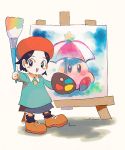  1girl :d adeleine aoki_(fumomo) beret black_eyes black_hair black_legwear blush_stickers canvas_(object) full_body grey_skirt hat holding holding_paintbrush kirby kirby_(series) kirby_64 long_sleeves nintendo no_nose open_mouth orange_footwear paint paintbrush painting_(object) parasol red_hat shoes short_hair simple_background skirt smile socks solo umbrella white_background 