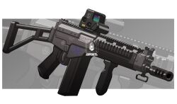  absurdres artist_name battle_rifle border dsa_sa58_osw eotech gun highres iwasawayuki no_humans outside_border ready_or_not rifle variant_set weapon weapon_focus white_border zoom_layer 