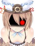  1girl absurdres angry bare_shoulders blanc blush breasts brown_hair cleavage collarbone dress en-sof frown fur_trim glowing glowing_eye hair_between_eyes hat highres looking_at_viewer medium_hair neptune_(series) no_bra shaded_face simple_background small_breasts solo spaghetti_strap upper_body white_background white_dress 