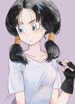  1girl black_hair blush breasts dragon_ball dragonball_z fingerless_gloves gloves grey_background hair_ornament looking_to_the_side low_twintails reeya shirt short_sleeves simple_background solo twintails upper_body videl white_shirt 