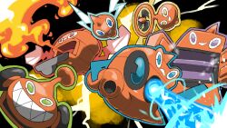  black_background blacknirrow blue_eyes electric_fan electricity fire green_eyes highres hydro_pump_(pokemon) lawnmower no_humans overheat_(pokemon) pokemon pokemon_(creature) pokemon_move red_eyes refrigerator rotom rotom_(fan) rotom_(frost) rotom_(heat) rotom_(mow) rotom_(normal) rotom_(wash) sharp_teeth smile teeth toaster_oven violet_eyes washing_machine water yellow_eyes 