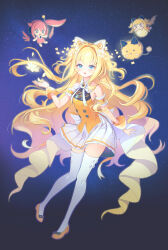  2girls absurdres animal_ears arm_tattoo blonde_hair blue_background blue_eyes bow cat_ears chibi commentary dual_persona fake_animal_ears floating_clothes flower frilled_armlet fungus_(vocaloid) gradient_background grey_background hair_intakes heart highres laon long_hair multiple_girls night night_sky orange_footwear orange_shirt orange_wrist_cuffs petals pink_hair pleated_skirt seeu shirt side_ponytail skirt sky sleeveless sleeveless_shirt solo_focus tattoo thigh-highs uni_(vocaloid) very_long_hair vocaloid white_bow white_skirt white_thighhighs wrist_cuffs yellow_flower 