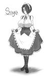  1girl boots breasts character_name commentary cross-laced_footwear english_commentary frills full_body greyscale hair_over_one_eye huge_breasts knee_boots looking_at_viewer maid maid_headdress monochrome original saya_(twrlare) short_hair simple_background skirt_hold smile solo standing twrlare underbust wrist_cuffs 