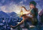  1girl boots brown_footwear cityscape fingerless_gloves full_body gloves hat_ornament hill holding_lantern knee_boots lantern long_hair looking_at_viewer night night_sky original pouch sitting sky stairs turban usuda_hiro violet_eyes 