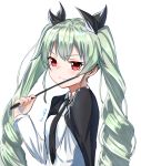  1girl anchovy anzio_school_uniform black_bow black_cape black_neckwear bow cape drill_hair eyebrows_visible_through_hair girls_und_panzer green_hair hair_between_eyes hair_bow highres holding_whip kuki_panda_(wkdwnsgk13) long_hair necktie red_eyes school_uniform shiny shiny_hair shirt signature simple_background sketch smile solo twin_drills twintails upper_body very_long_hair white_background white_shirt 
