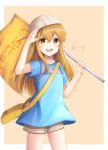  1girl :d absurdres blonde_hair blue_shirt cowboy_shot csc00014 eyebrows_visible_through_hair flag grey_hat grey_shorts hair_between_eyes hataraku_saibou highres holding holding_flag long_hair looking_at_viewer open_mouth platelet_(hataraku_saibou) salute shiny shiny_hair shirt short_shorts short_sleeves shorts smile solo standing very_long_hair yellow_eyes 