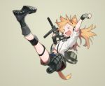  &gt;_&lt; 1girl amrkdrw animal_ears boots cat_ears fingerless_gloves girls_frontline gloves gun highres holding holding_gun holding_weapon idw_(girls_frontline) jumping orange_hair simple_background tail thigh_strap weapon 